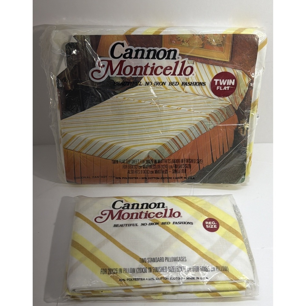 Vtg Cannon Monticello Twin Flat Sheet Diagonal Fantasy Stripes & 2 Pillowcases‎